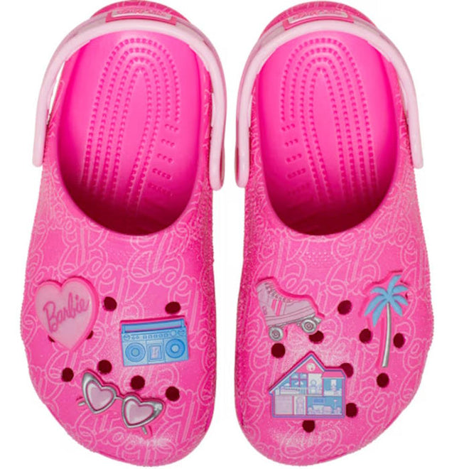 Top down view of a pair of pink barbie children's clogs with cartoon designs  and jibbitz on a white background,
198445228865,
198445228872,
198445228889,
198445228896,
198445228902,
198445228919,