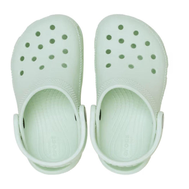 Top down view of a Pair of toddlers classic clogs in mint tint light green clogs on a white background.,
198445206931,
198445206948,
198445206955,
198445206962,
198445206900,