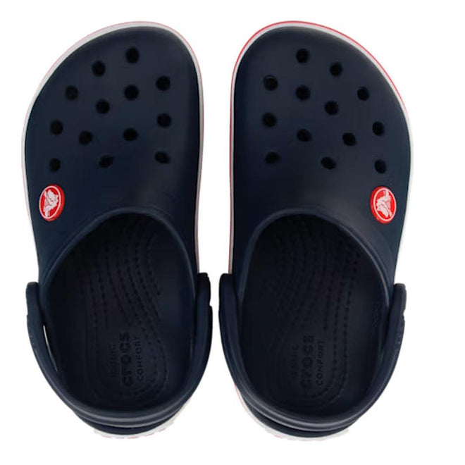 Top down view Navy blue Crocs Crocband clogs with red accents on a white background. shoes holes on the upper and red Crocs logo on the upper on the outer side of the foot.,
191448739390,
191448739406,
191448739413,
191448739420,
191448739437,
191448739444,
191448739451,