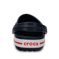Navy  Crocs Crocband kids sandal with red and white sole rear view on a white background.,
191448739390,
191448739406,
191448739413,
191448739420,
191448739437,
191448739444,
191448739451,