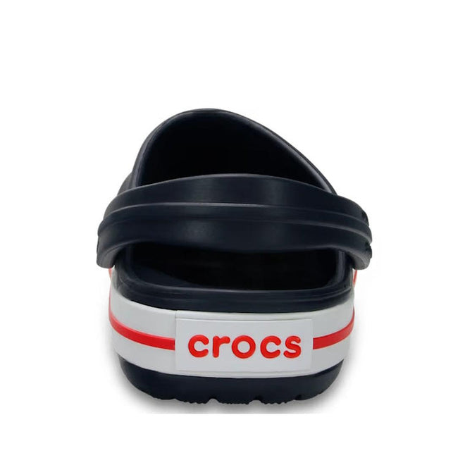 Navy  Crocs Crocband kids sandal with red and white sole rear view on a white background.,
191448739390,
191448739406,
191448739413,
191448739420,
191448739437,
191448739444,
191448739451,