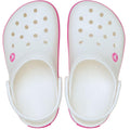Top down view of kids Crocs Crocband White clogs with pink stripes around the sides and a pink crocs logo on the upper to the outer side of the foot on a white background.,
198445207457,
198445207464,
198445207471,
198445207488,
198445207495,
198445207501,
198445207518,