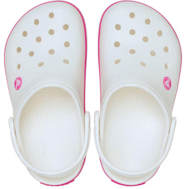 Top down view of kids Crocs Crocband White clogs with pink stripes around the sides and a pink crocs logo on the upper to the outer side of the foot on a white background.,
198445207457,
198445207464,
198445207471,
198445207488,
198445207495,
198445207501,
198445207518,