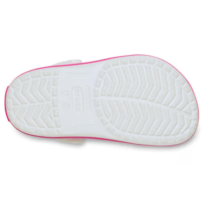 White sandal sole with of a Crocs kids Crocband clog with a  pink rim on a white background,
198445207457,
198445207464,
198445207471,
198445207488,
198445207495,
198445207501,
198445207518,