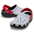 Kids grey croc clogs with red straps and black soles on a white background,
198445164101,
198445164118,
198445164125,
198445164132,
198445164149,
198445164156,