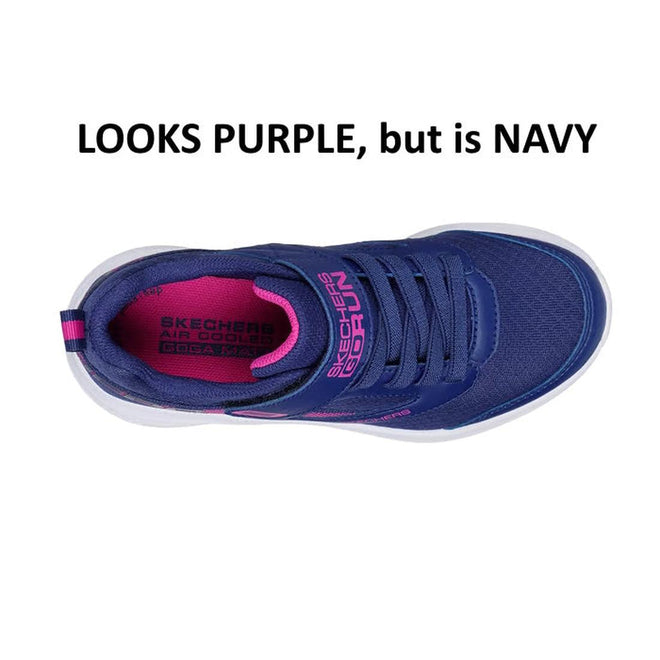 The Skechers Girls Youths Go Run Elevate Sporty Spectacular Navy kids’ shoe is shown from above with pink accents. Bold black text reads, LOOKS PURPLE, but is NAVY. Features a comfy Air-Cooled Goga Mat insole., 197976310018, 197976310032, 197976310056, 197976310070, 197976310094, 45061, 45062, 45063