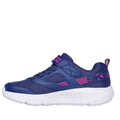 The Skechers Girls Youths Go Run Elevate Sporty Spectacular Navy is a kids' blue athletic shoe with a white sole, pink accents, Velcro strap, "Skechers" in pink on the side, heel loop for easy wear, and Air-Cooled Goga Mat insole., 197976310018, 197976310032, 197976310056, 197976310070, 197976310094, 45061, 45062, 45063