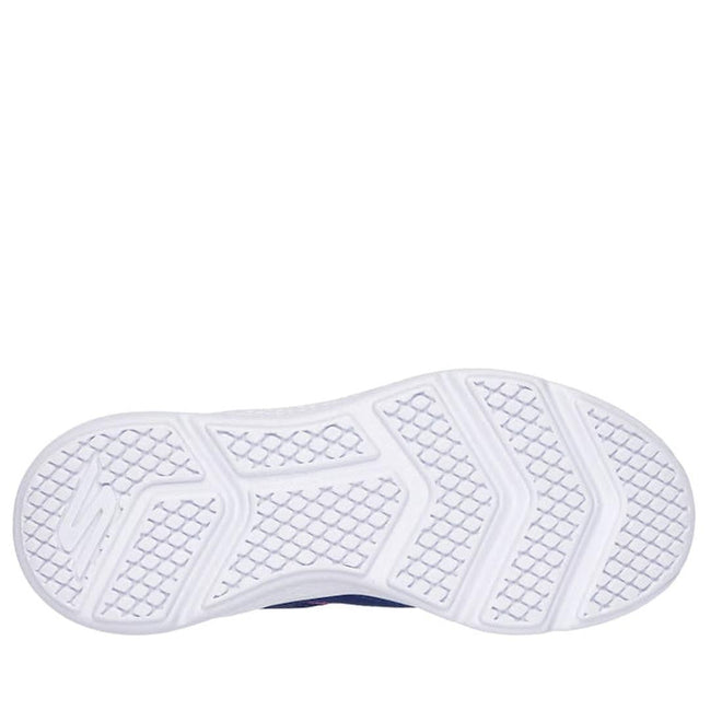 The image shows the white sole of the Skechers Girls Youths Go Run Elevate Sporty Spectacular Navy, featuring a zigzag textured pattern, crisscross grid design, and a logo near the heel that highlights Air-Cooled Goga Mat insole comfort., 197976310018, 197976310032, 197976310056, 197976310070, 197976310094, 45061, 45062, 45063