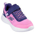 A side front view of a child's Skechers Go Run 400 waterproof trainer in navy and hot pink with a white sole, featuring a synthetic and athletic mesh upper with paint splash print detail and an adjustable instep strap.