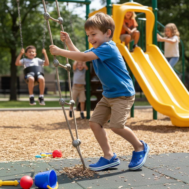 A young boy in a blue shirt and shorts, wearing Crocs Kids - Crocband Classic Clog K Blue Bolt Teal Youths, climbs a rope ladder at the playground while other children play on swings and a yellow slide among colorful toys on a sunny day., 49846, 198445353406, 198445353413, 198445353420, 198445353437, 198445353444, 198445353451, 49853