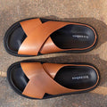 A pair of Brandy Tan  Los Cabos Alara sandal with criss-cross strap design on a white background. A top down view showing the support under the toes on the footbed.,
46235,
46236,
46237,
46238,
46239,
46240,, 46235, 46236, 46237, 46238, 46239, 46240