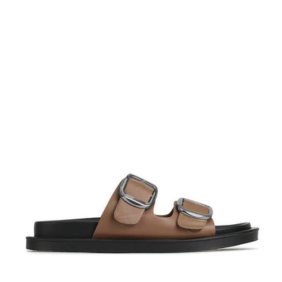 Los Cabos Womens Slide Ando with Arch Support Mushroom- showing side view of the right foot of the comfy flexible synthetic sandals slides for women