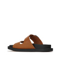 The Los Cabos Womens Slide Ando with Arch Support in Brandy is a brown leather sandal with open sides and toe, cutout upper details, a cushioned footbed, and thick black sole, shown in side profile on a white background., 49722, 49716, 49717, 49718, 49719, 49720, 49721