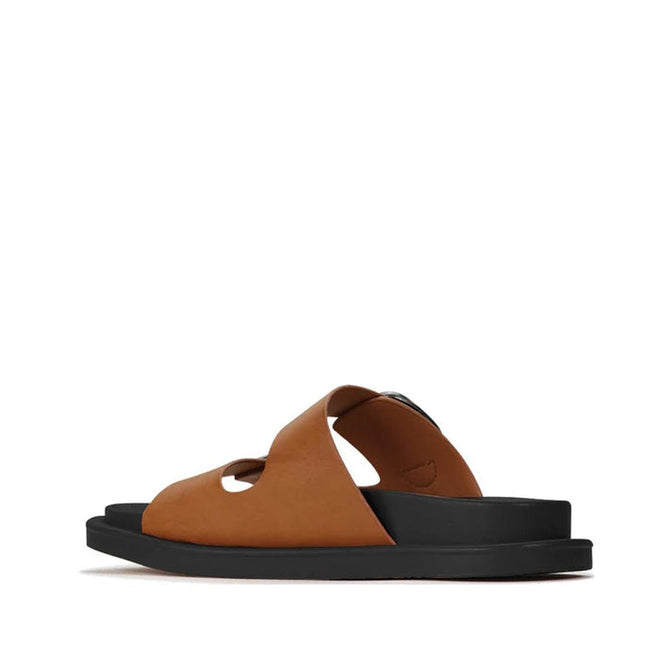 The Los Cabos Womens Slide Ando with Arch Support in Brandy is a brown leather sandal with open sides and toe, cutout upper details, a cushioned footbed, and thick black sole, shown in side profile on a white background., 49722, 49716, 49717, 49718, 49719, 49720, 49721