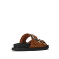The Los Cabos Womens Slide Ando with Arch Support in Brandy features two wide brown straps with large silver buckles, a thick black sole, and a cushioned footbed for comfort, shown on a plain white background., 49722, 49716, 49717, 49718, 49719, 49720, 49721