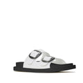 The Los Cabos Womens Slide Ando with Arch Support in white features two wide straps with large silver buckles on a thick black cushioned sole, shown against a plain white background.