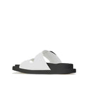 The Los Cabos Womens Slide Ando with Arch Support in White features wide crisscross straps, an open toe, a thick flat black sole, and a cushioned footbed for comfort, shown in side profile on a plain white background., 9321191051901, 9321191051918, 9321191051925, 9321191051932, 9321191051949, 9321191051956
