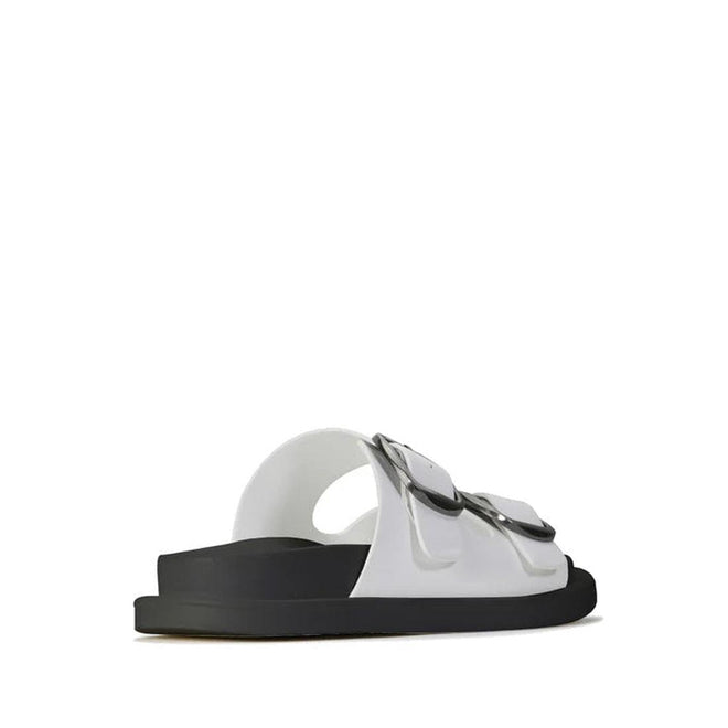 The Los Cabos Womens Slide Ando with Arch Support in white features two large silver buckles, a thick black sole, and a cushioned footbed. Shown from the side on a white background., 9321191051901, 9321191051918, 9321191051925, 9321191051932, 9321191051949, 9321191051956