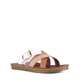 The Los Cabos Brik White Brandy Raffia Women's Slide Sandal features stylish white and brown crisscross straps, a low sole, anatomical footbed, and a large gold buckle.