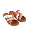 The Los Cabos Brik White Brandy Raffia Women's Slide Sandal features brown soles, tan, brown, and white crisscross straps with a white buckle, a textured woven design, and an anatomical footbed for comfort., 46818, 9321191296654, 9321191296661, 9321191296678, 9321191296685, 9321191296692, 46824