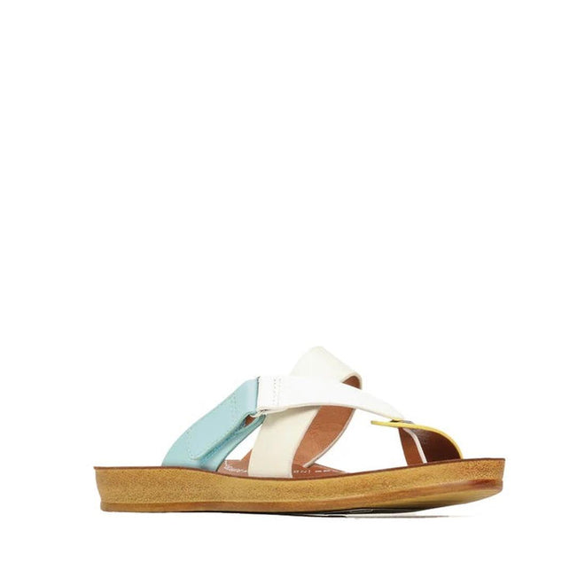 The Los Cabos Bry Pastel Combo Yellow Off White Blue is a women’s sandal with a comfy cork sole and overlapping straps in white, light blue, and yellow—shown on a white background, perfect for casual summer style.