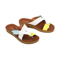 The Los Cabos Bry Pastel Combo Yellow Off White Blue is a stylish women's sandal with brown wedge soles, white straps, yellow toe accents, and light blue side details—ideal for all-day summer comfort., 9321191210612, 9321191210629, 9321191210636, 9321191210643, 9321191210650, 9321191210667, 41713