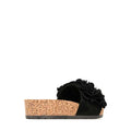 The Los Cabos Corsage Black Flower Women's Slides feature a black slip-on design with a thick cork wedge heel and floral accents on the upper, displayed from the side against a white background., 9321191212517, 9321191212524, 9321191212531, 9321191212548, 9321191212555, 46753