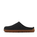 A side view of the Los Cabos Felton Graphic Black Women's Felted Slipper House Shoe, featuring a dark gray slip-on design with a textured felt upper and cushioned sole, ideal for cozy, breathable comfort, set on a plain white background., 9321190005967, 9321190005974, 9321190005981, 9321190005998, 9321190006001, 9321190006018