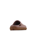 A back view of the Los Cabos Felton Graphic Lavender Women's Felted Slipper House, a pink slip-on with a brown rubber sole, low heel, cushioned sole, and a side fabric tag—ideal for casual wear—shown against a white background., 9321190006025, 9321190006032, 9321190006049, 9321190006056, 9321190006063, 9321190006070, 50087