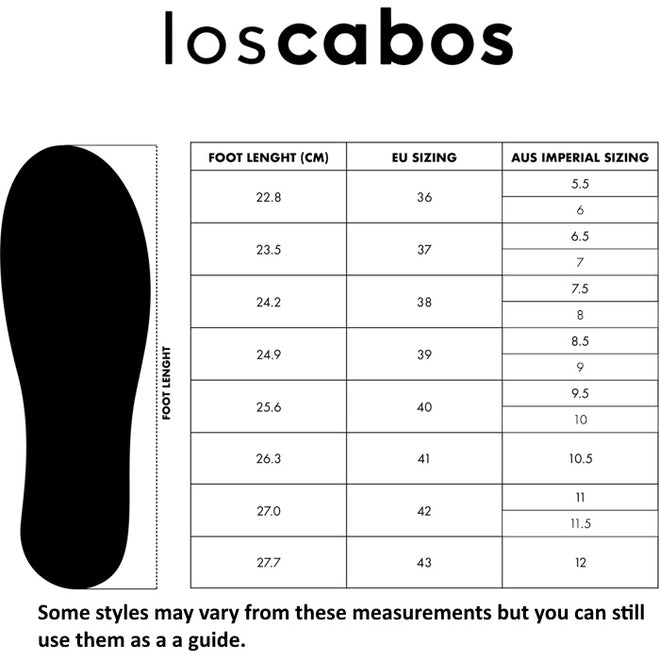 Sizing chart for Los Cabos Womens Bride Khaki Flat Slide Sandal includes foot lengths in cm, corresponding EU sizes, and AUS imperial sizes, along with a black shoe outline for reference. Perfect for choosing the right fit in resort wear essentials such as bamboo-detail sandals or summer slides. Please note: style measurements may vary from those shown.