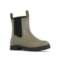 The Los Cabos Amelia Khaki Ankle Rain Boot Waterproof is a taupe rubber Chelsea boot with black elastic side panels, brown pull tabs, a thick black treaded sole, and a neoprene lining, shown against a white background.