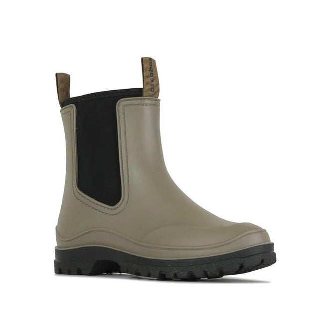 The Los Cabos Amelia Khaki Ankle Rain Boot Waterproof is a taupe rubber Chelsea boot with black elastic side panels, brown pull tabs, a thick black treaded sole, and a neoprene lining, shown against a white background.