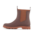 Side view of the Los Cabos Amelia Chocolate Ankle Rain Boot Waterproof, featuring brown color, tan elastic panel, front and back pull tabs, cozy neoprene lining, and a rugged sole., 50781, 9321190004915, 9321190004922, 9321190004939, 9321190004946, 9321190004953, 9321190004960