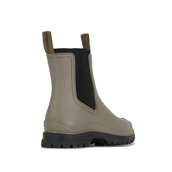 The Los Cabos Amelia Khaki Ankle Rain Boot Waterproof is shown from a rear side angle with black elastic side panels, pull tabs, and a chunky treaded sole. Lightweight and comfortable, these boots have a neoprene lining to keep feet dry., 50795, 9321191166711, 9321191166728, 9321191166735, 9321191166742, 9321191166759, 9321191166766