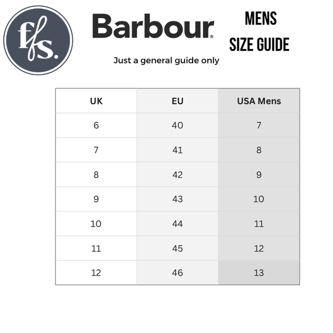 Barbour mens footwear size guide with UK, EU, and US sizes—ideal for picking the Barbour Mens Stanhope Canvas Lace Up Trainer Olive. Example: UK 6 = EU 40 = US 7. Includes Barbour logo and note: Guide only., 5063669167113, 5063669167120, 5063669167137, 5063669167144, 51982, 51981