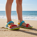 Colorful kids mereell sandals on feet standing on a sandy beach with ocean in the background

