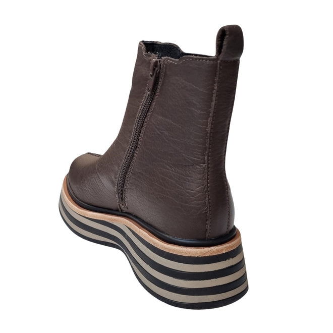 The Alfie & Evie Molten Choc Brown Leather Ankle Boot for women features a side zipper and a chunky black and beige striped platform sole, displayed from the rear on a white background., 50862, 50863, 50864, 50865, 50866, 50867, 50868