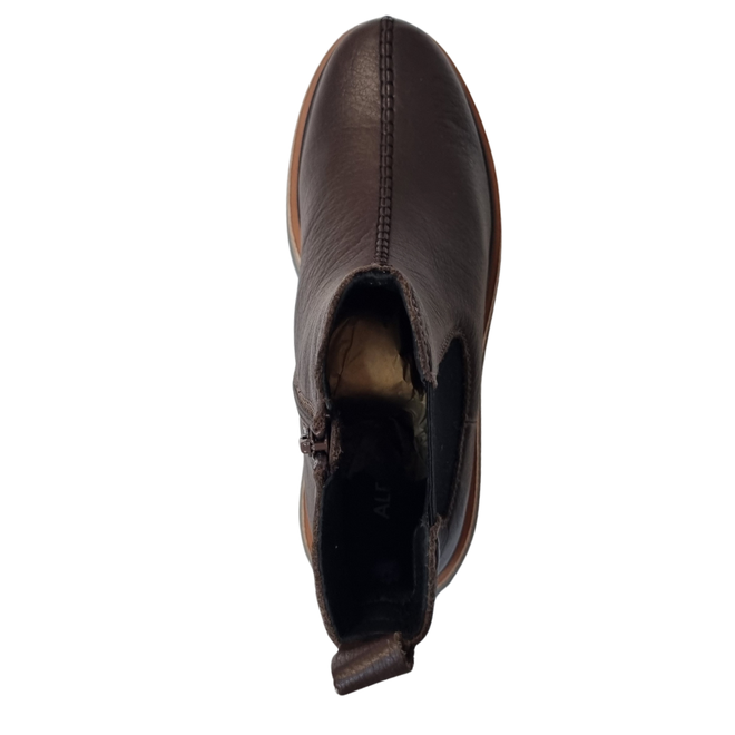 A top-down view of the Alfie & Evie Molten Choc Brown Leather Ankle Boot for women, featuring a side zipper, pull tab, and chunky sole, set against a white background., 50862, 50863, 50864, 50865, 50866, 50867, 50868