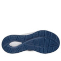 The image shows the blue rubber sole of the Skechers Mens Slip Ins Relaxed Fit Equalizer 6.0 WW Stoaver Navy shoe, featuring textured grip patterns, a visible Skechers logo near the heel, and Air-Cooled Memory Foam for enhanced comfort., 51966, 51967, 199025039116, 51969, 199025039130, 51971, 51972