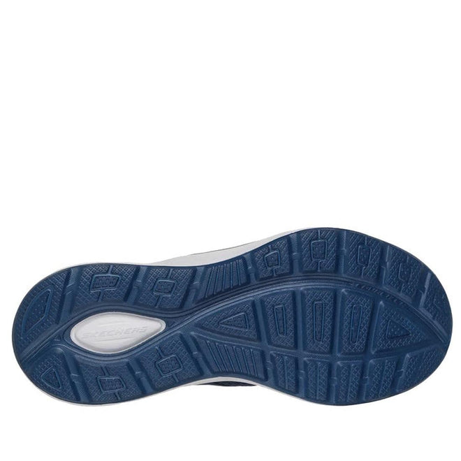 The image shows the blue rubber sole of the Skechers Mens Slip Ins Relaxed Fit Equalizer 6.0 WW Stoaver Navy shoe, featuring textured grip patterns, a visible Skechers logo near the heel, and Air-Cooled Memory Foam for enhanced comfort., 51966, 51967, 199025039116, 51969, 199025039130, 51971, 51972