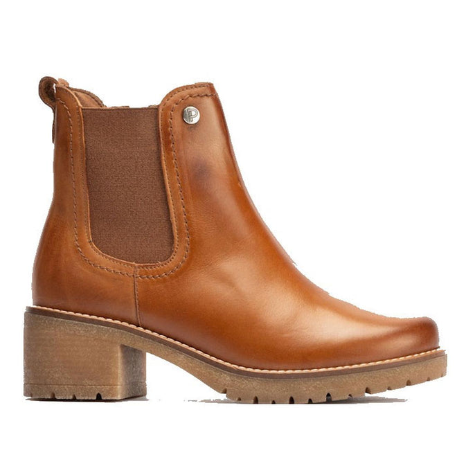 Side view of A tan-colored Pitillos 20022 heeled boot with an elastic gusset on the outside and a zipper on the inside, on a white background.