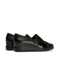 Pitillos Womens Lycra and Patent Leather Shoe 10731—a pair of black slip-on wedge shoes with matte lycra and glossy patent leather finishes, removable innersole, shown from the back and side on a white background., 8445191655554, 8445191655561, 8445191655578, 8445191655585, 51923, 51924