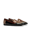 Pitillos Women’s Black Flat Patent Loafer Moccasin 10870 features glossy black patent leather, brown suede accents, and leopard print details on the toe and heel, displayed on a white background., 8445191690432, 8445191690449, 8445191690456, 8445191690463, 51917, 51918