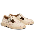 The Pretty Brave Girls Maddison Winter Bloom Pink Leather Mary Jane T Bar features cream leather, a silver buckle, pink floral patterns, and heart-shaped cutouts. Shown on a white background., 9420075362840, 9420075362833, 9420075362826, 9420075362819, 9420075362802, 9420075362796, 50965, 50966, 50967, 50968