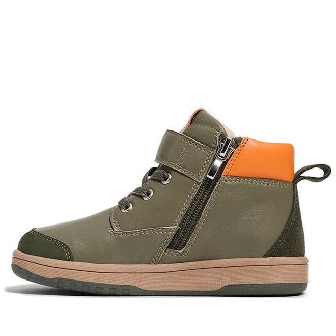 The Pretty Brave Hi Top Boot Corey Olive is a green high-top sneaker with a brown sole, orange heel accent, side zipper and Velcro strap, lace-up front, pull tab at the back—an everyday boot that’s podiatrist approved for comfort and support., 50474, 50475, 9420075364370, 9420075364363, 9420075364356, 9420075364349, 9420075364332, 9420075364325, 9420075364318, 9420075364301, 50484, 50485