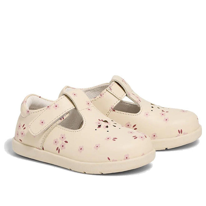 The Pretty Brave Miley First Walker Mary Jane T Bar features cream genuine leather with a pink and brown floral pattern, podiatrist-approved hook-and-loop closure, and a stylish T-bar design in Winter Bloom Pink., 9420075361980, 9420075361973, 9420075361966, 9420075361959