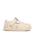 The Pretty Brave Girls Maddison Winter Bloom Pink Leather Mary Jane T Bar is a cream girls' shoe with a leather T-strap, hook-and-loop closure, pink floral details, flat podiatrist-approved sole—perfect for young children.