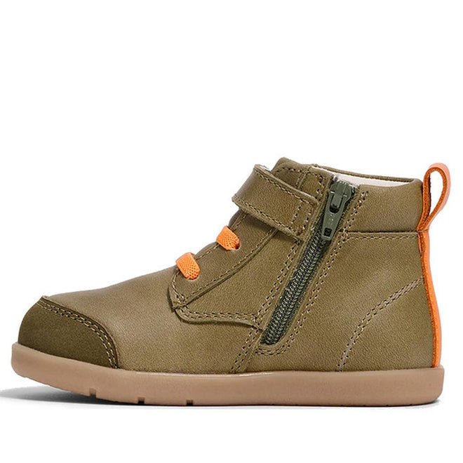 Shown in profile on a white background, the Pretty Brave Jessie First Walker Hi Top Leather Olive Green is a podiatrist-approved kids’ sneaker with orange heel loop, orange laces, side zipper, and hook-and-loop strap., 9420075361782, 9420075361775, 9420075361768, 9420075361751