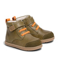 The Pretty Brave Jessie First Walker Hi Top Leather Olive Green features olive green genuine leather, orange laces, Velcro straps, beige soles, and orange back pull tabs. This supportive kids' sneaker is shown against a white background., 9420075361782, 9420075361775, 9420075361768, 9420075361751