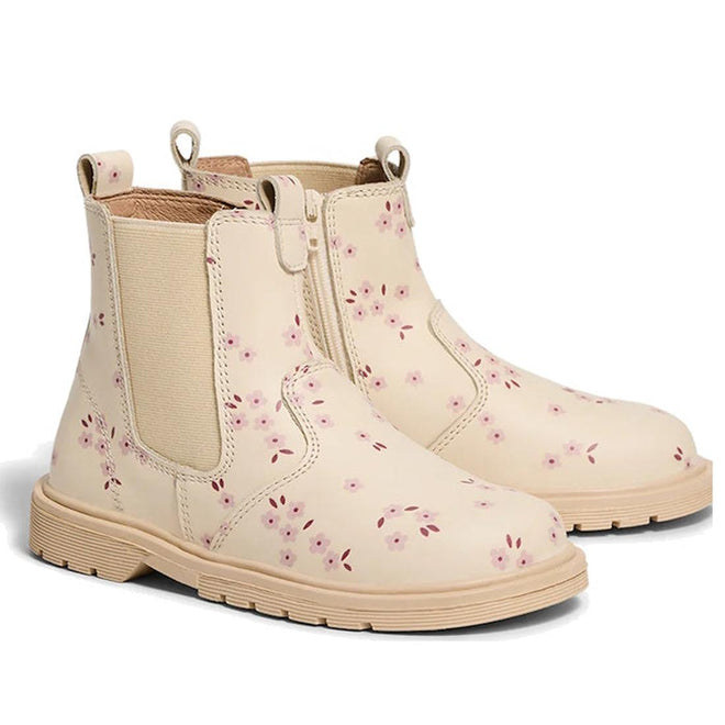 The Pretty Brave Girls Hudson Winter Bloom Pink Leather Boot features light beige leather, elastic side panels, and charming pink floral patterns—making it the perfect footwear for any occasion., 9420075363205, 9420075363199, 9420075363182, 9420075363175, 9420075363168, 9420075363151, 9420075363144, 9420075363137, 9420075363120, 9420075363113